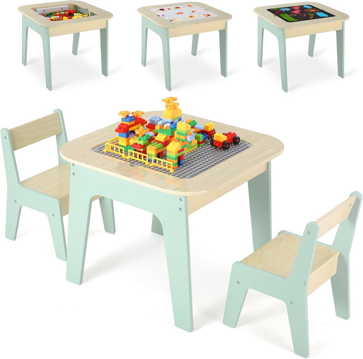 Kindertafel met 2 stoelen,kinderzitgroep,kindertafel stoelset,kindertafel,opbergruimte,dubbelzijdige schildertafel & bouwstenen tafel,kinderzitset,zitgroep kinderen,kindermeubel voor (Groente)