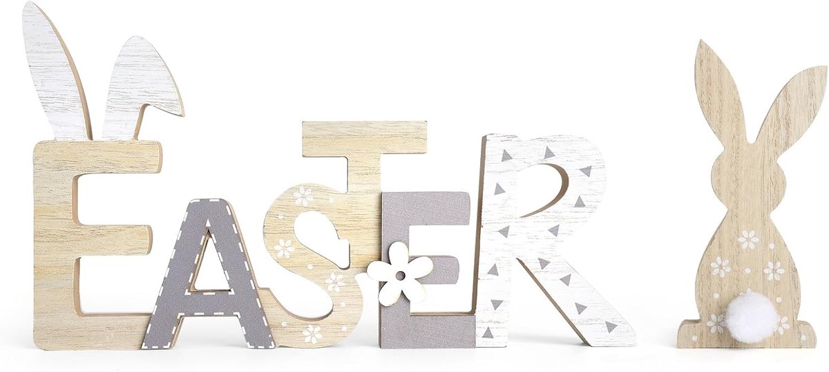 2 stuks houten paasdecoratie, paasbelettering met schattige konijnenfiguren, lentedecoratie voor tafel, vensterbank en eettafel