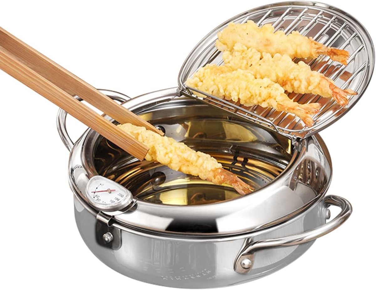 Friteuse, 20 cm/7,9 inch Tempura koekenpan, Japanse friteuse, van roestvrij staal, antiaanbaklaag, met temperatuurregeling, deksel en oliedruk voor kip, frituurgarnalen