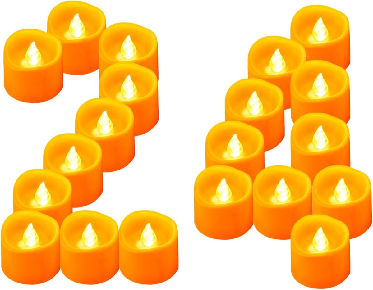 24 stuks oranje led-theelichtjes, werkt op batterijen, vlamloos flikkerende kaarsen, elektrische nepkaarsen, grote verpakking voor buitenfeesten, Kerstmis, Halloween, pompoendecoraties