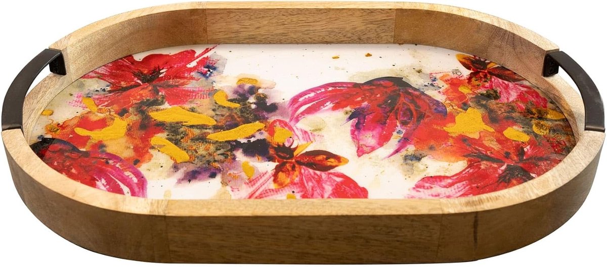 SnelShoppen - Tray Sweet Magnolia 40x26x4 cm - Handgemaakt Metaal & Epoxy - Exclusieve Binnenhuisaccessoires - Unieke Print voor Luxe Interieurs
