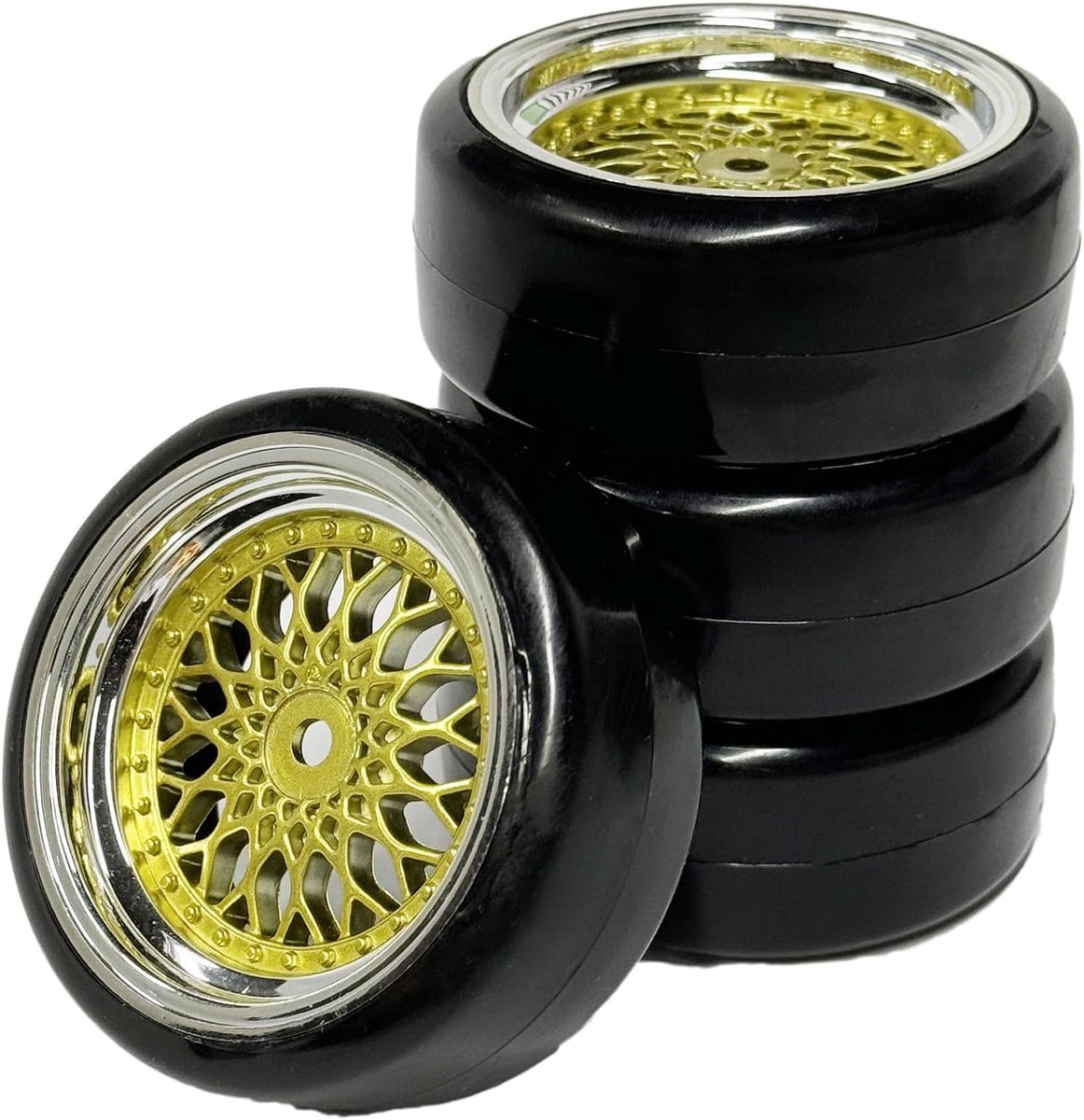 4 stuks 1/10 RC Drift autobanden, KINGCOO 63 mm RC velg harde drift kunststofcoating wielbanden velgen voor 1:10 RC On Road Run-Flating racewagen voor Tamiya HSP HPI Kyosho (goud zilver)