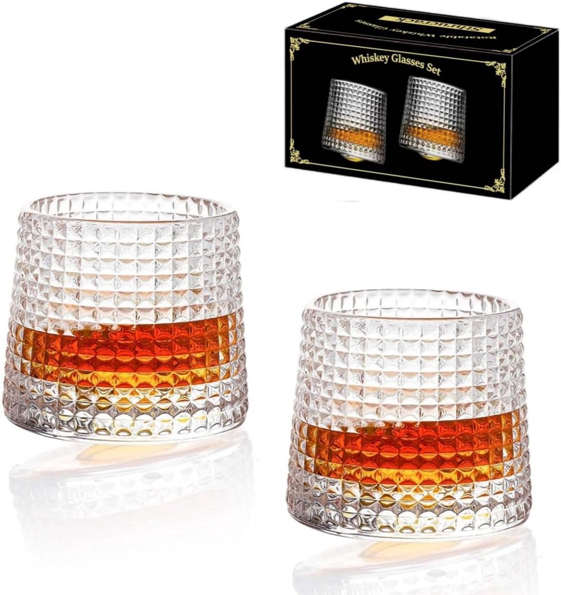 Draaibare decompressie - Ouderwetse Set van 2 Bar Style Glaswerk voor Bourbon Scotch Rum (2 pack Geruit, 300ml (10 oz))