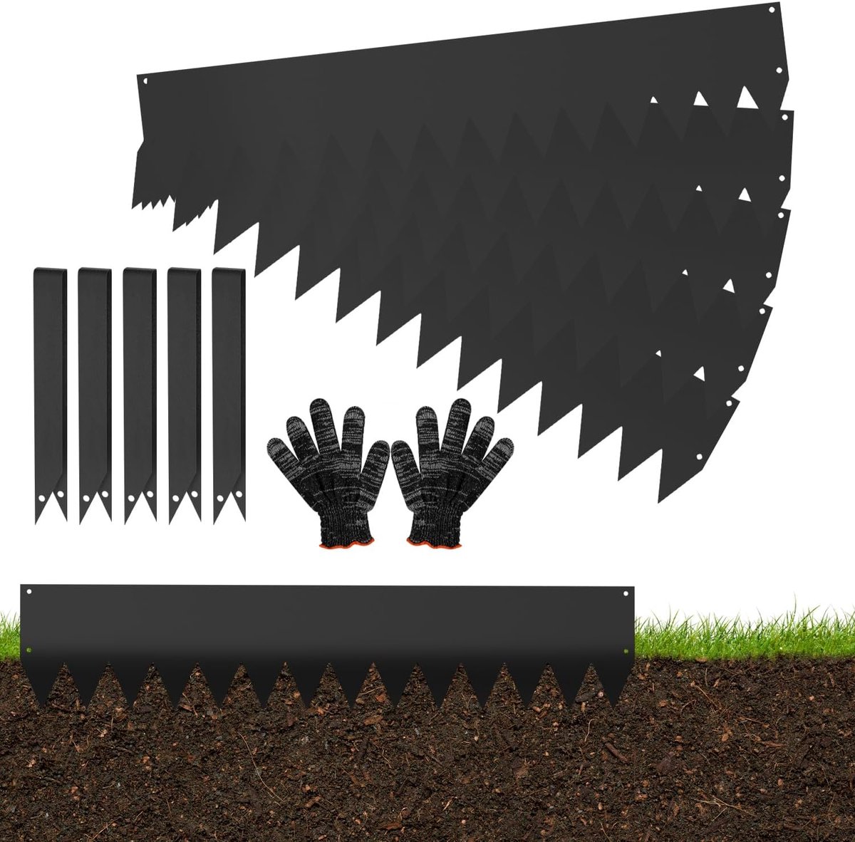 100 x 20 cm, metalen scherpe zaagtanden, flexibele gazonrand, palissade met clips en handschoenen, voor tuinpaden, zwart (lengte 20 m - hoogte 20 cm)