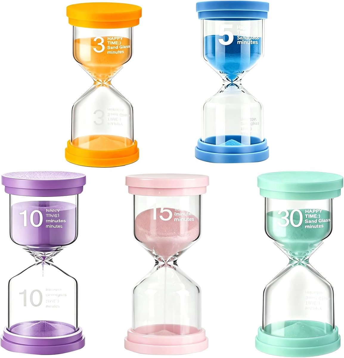5 stuks, 3/5/10/15/30 minuten timer, zandlopers voor kinderen, zandloperset, 4 kleurrijke zandlopers, tandenpoetsen voor kantoor, huis, klaslokaal, keuken