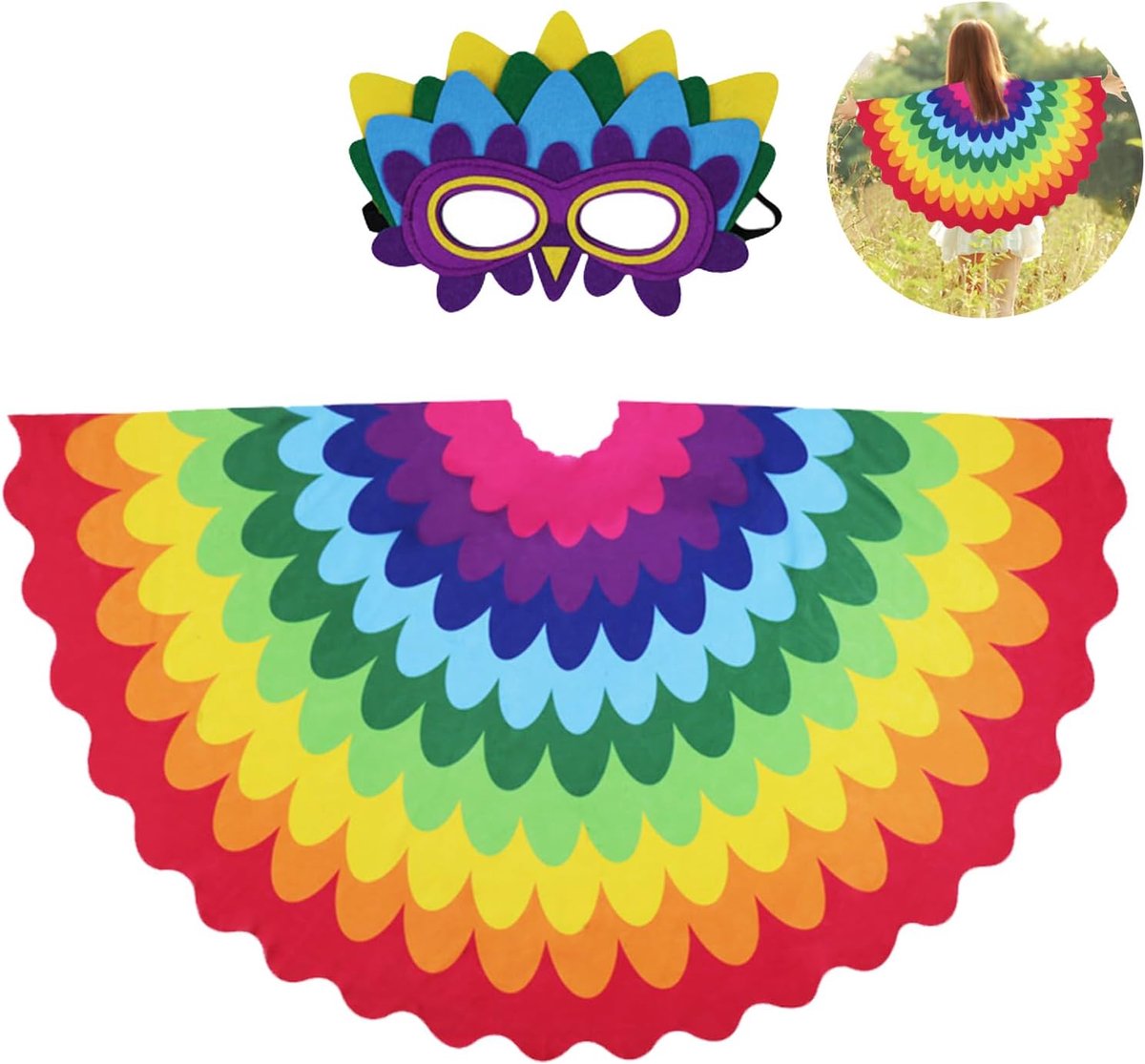Vogelvleugelkostuum voor kinderen, papegaaienvleugels, kleurrijke vogelvleugels, voor kinderen van 3 tot 8 jaar, met papegaaienmasker, papegaaienmuts, papieren kleding voor kinderen, Halloween-feest