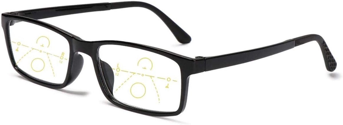 Leesbril, zwart, multifocale glazen, voor dames en heren, dioptrieën met anti-blauw licht, vierkant (naar keuze met +1.00/+1.50/+2.00/+2.50 dioptrie)