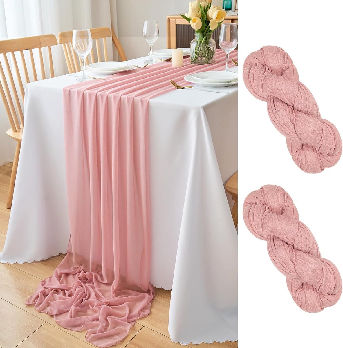 Tafelloper chiffon, donkerroze, tafelloper, decoratie, bruiloft, slaapkamer, voor verjaardag, vakantie, communie, feest, doop, decoratie, 2 stuks, 77 x 300 cm