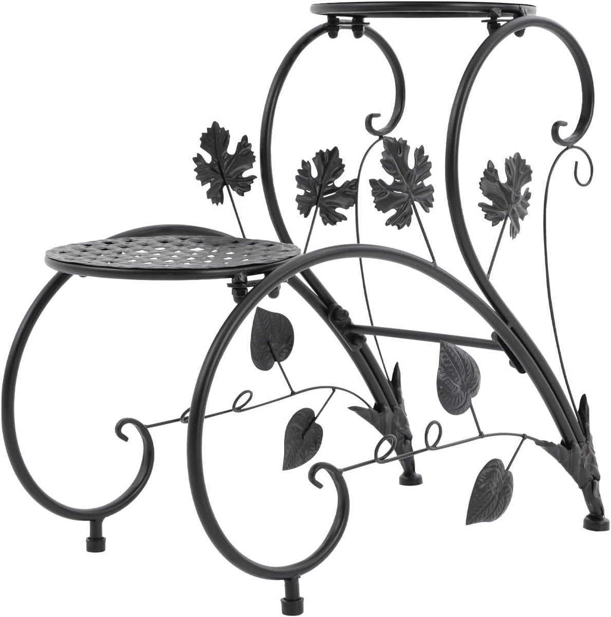 Bloemenstandaard met 2 verdiepingen van gietijzer | Bloempothouder van metaal, 41 cm, plantenstandaard, decoratieve bladeren, ranken, entrees, veranda's, tuinen