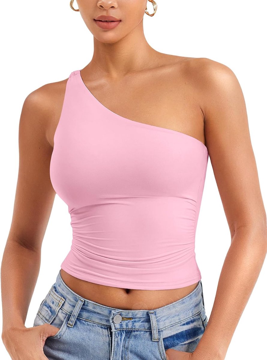 Dames One Shoulder Tank Tops Schoudervrij Bovendeel Y2K Slim Fit Crop Top Sexy Zomer Tops Double Lined Mouwloos Cropped Tee Shirt