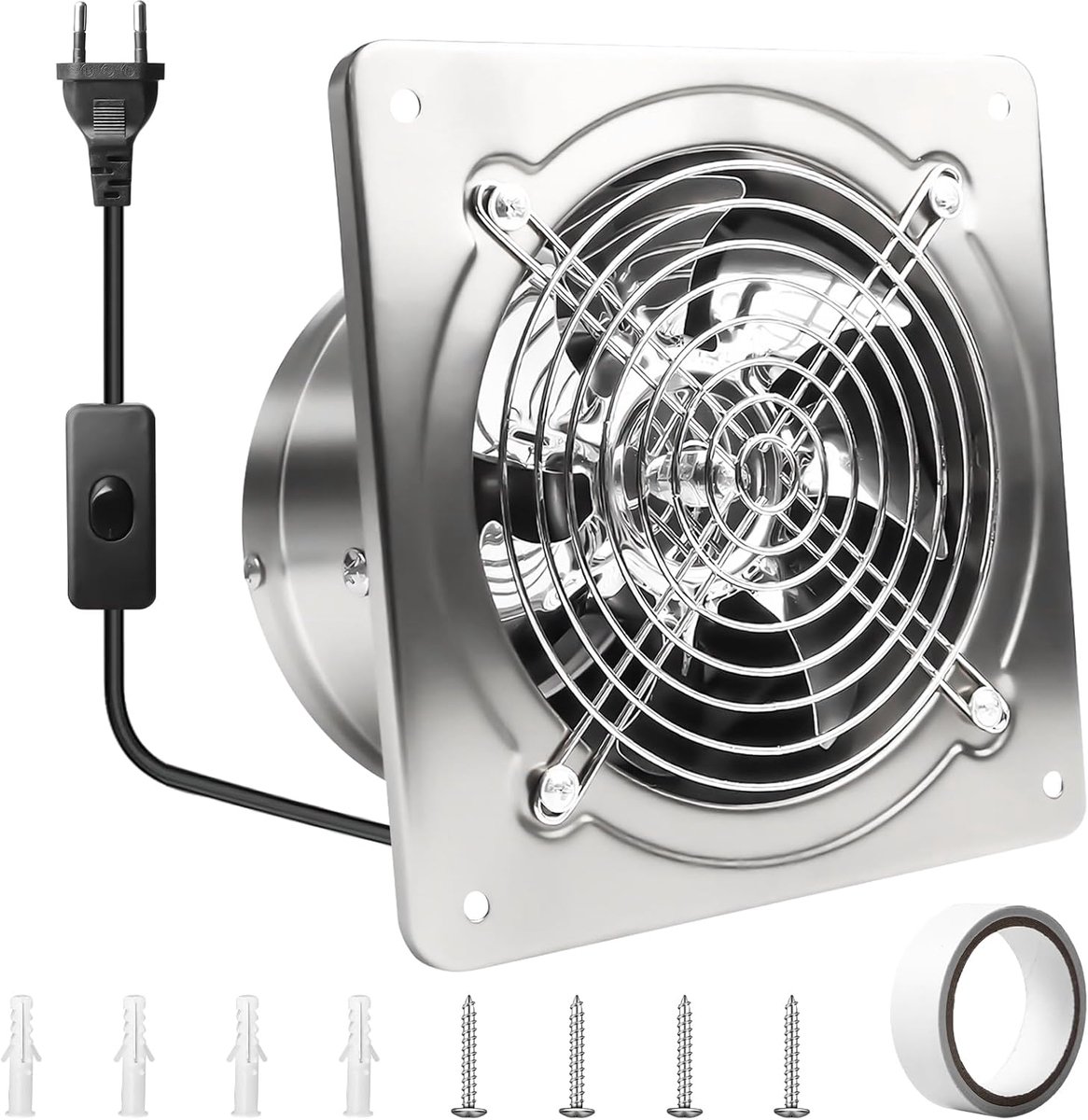 Afvoerventilator 150 mm met terugslagventiel, 525 m³/h, stille wandventilator met EU-stekker, badkamerventilator voor keuken, toilet, garage, kelder, krachtig en