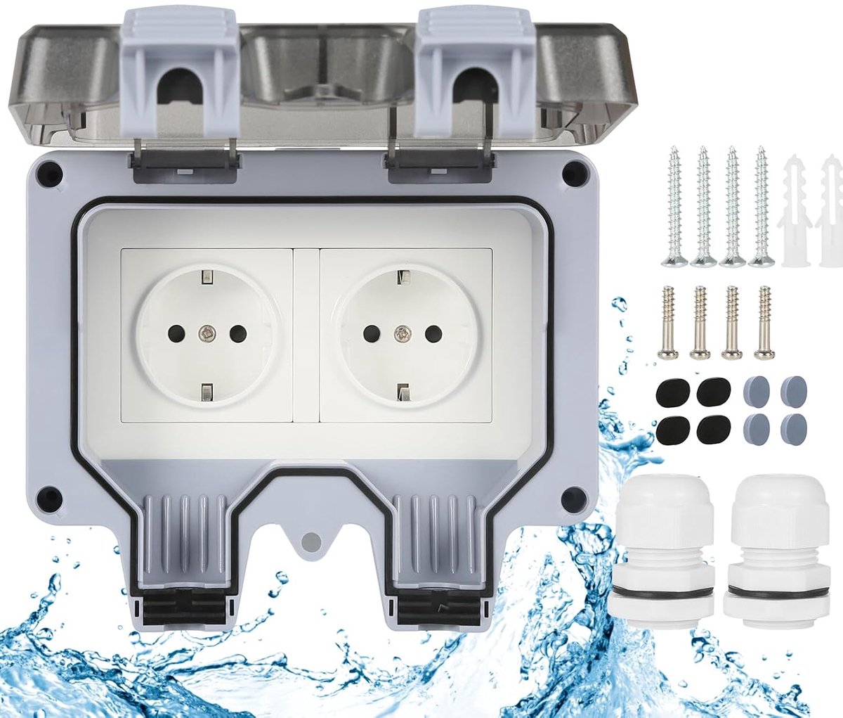 Buitenstopcontact, waterdicht, buitenstopcontact, 2-voudig, IP66 waterdicht, voor buiten, 16 A, buitenstopcontact, opbouw, voor tuin, keuken, garage