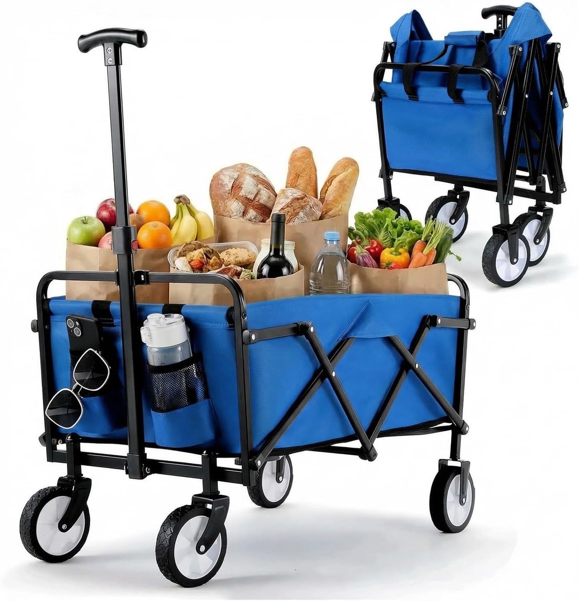 opvouwbare handwagen, all-terrain wielen, tuinwagen met bekerhouder, verstelbare handgreep, transportwagen, inklapbaar, strandwagen, tuinwagen, winkelwagen, camping (blauw)