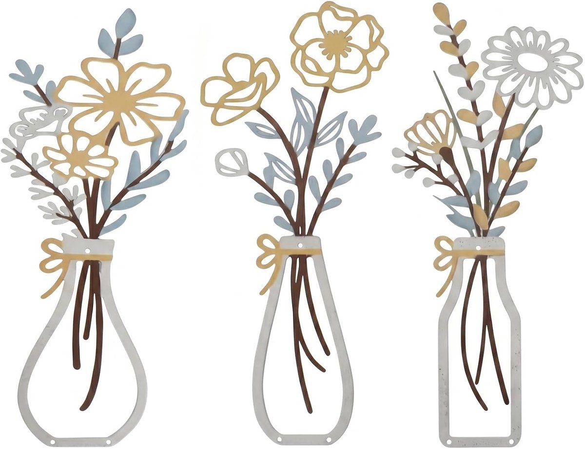 Metalen bloemen, 3 stuks, minimalistische wanddecoratie, woonkamer, 3D-wandafbeeldingen, metalen set voor slaapkamer, badkamer, hal, keuken, moderne boho-decoratie, muurkunst