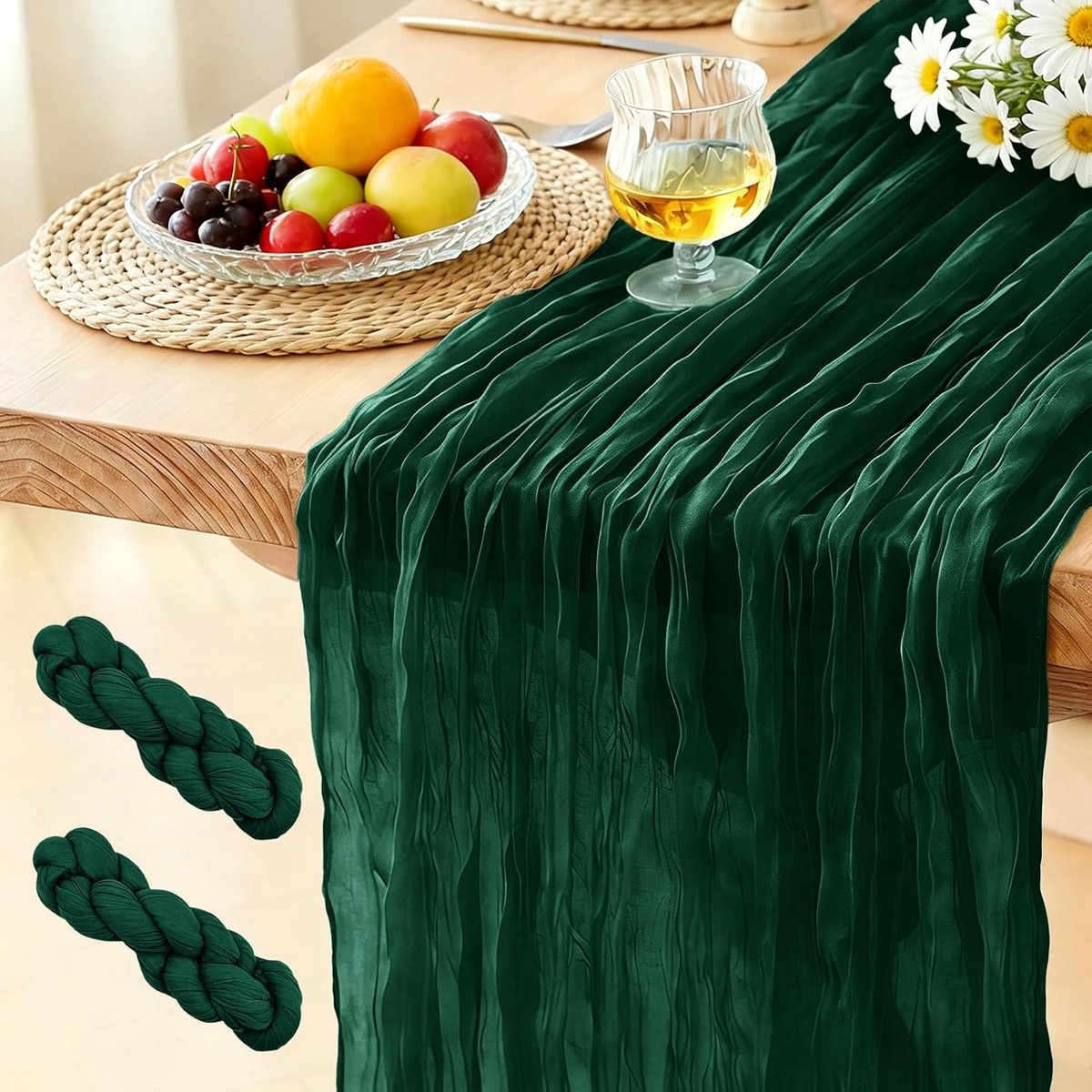 (2 Stuks) Kaasdoek Tafelloper Donkergroen, 300 x 90 CM Boho Gaas Tafelloper voor Bruiloften, Verjaardagsfeesten, Babyborrels, Vrijgezellenfeesten en Banketdecoraties