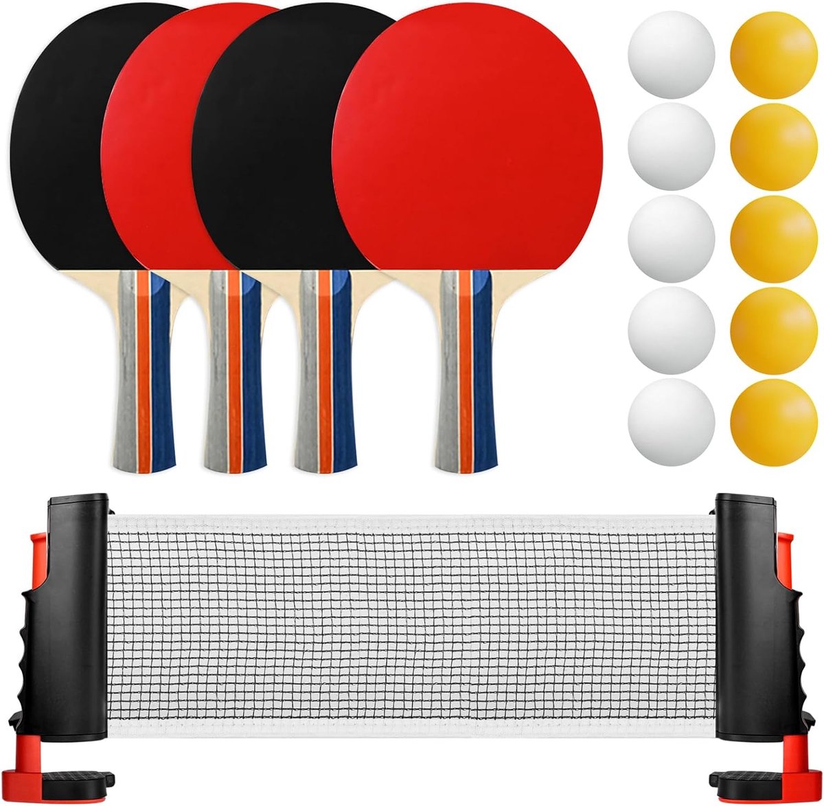 Tafeltennisset, 40 x 30 x 6,5 cm, tafeltennisbatje, professionele tafeltennisset voor familie en meerdere spelers, 4 tafeltennis, 10 ballen en 1 net, yanghout, hoogwaardig