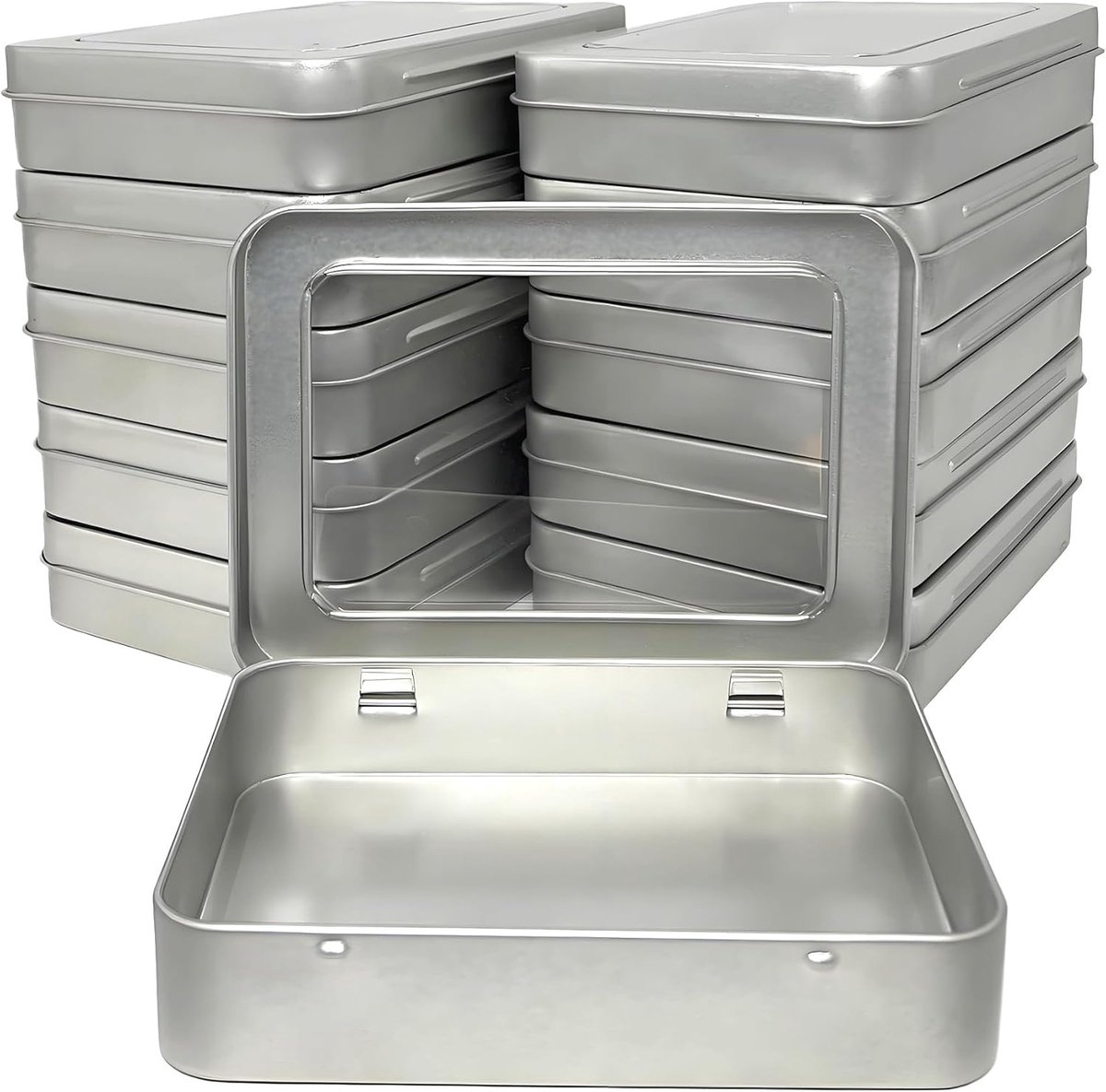Doosjes met Venster (11,5 x 8,5 x 2,2 cm) – Rechthoekige Mini Opbergdoos met Transparant Deksel, Blik met Scharnier, Minibox voor Kleine Voorwerpen (Zilveren, 12 st.)