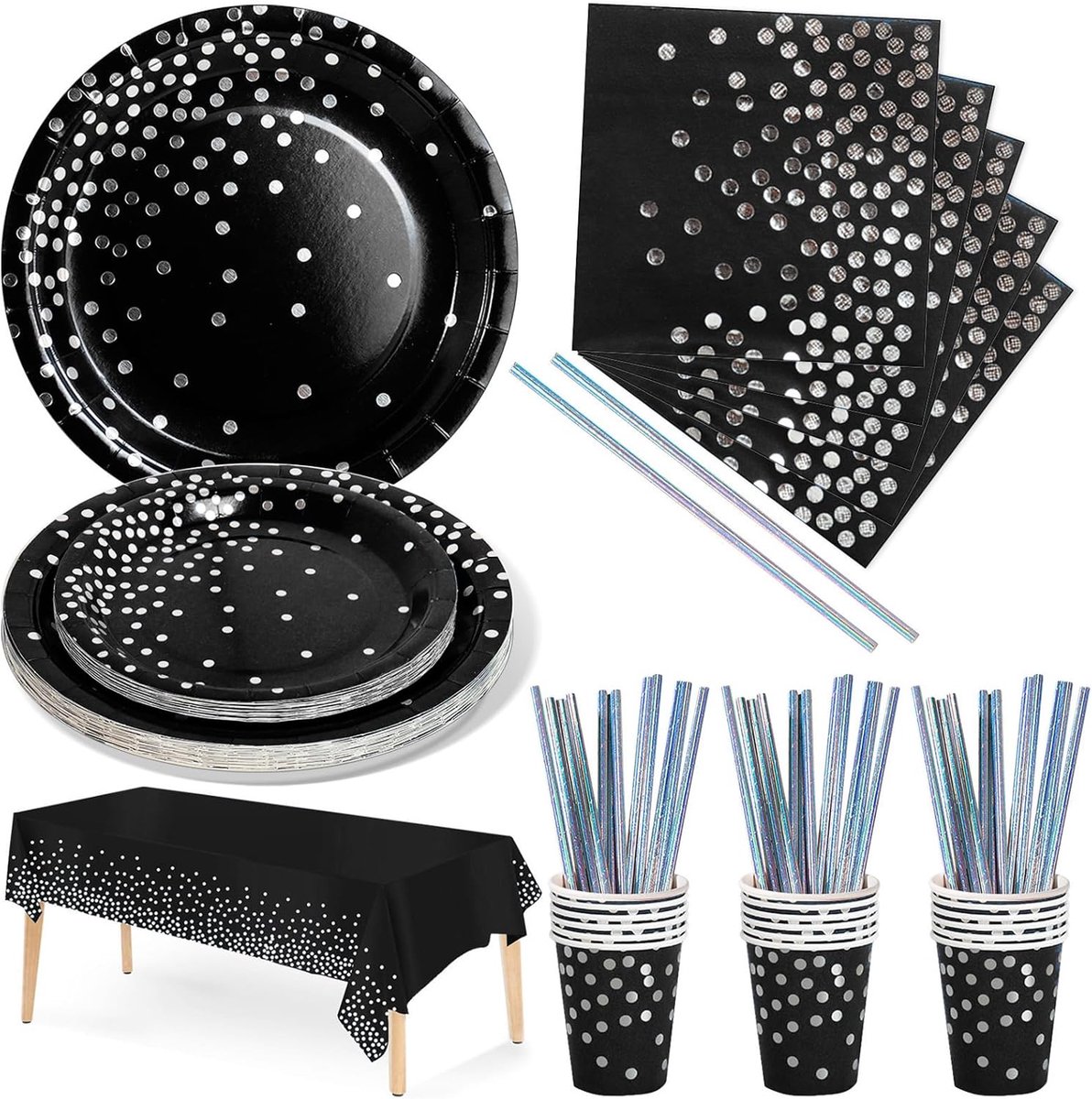 Feestservies 126-delig zwart en zilver papieren servies set inclusief verjaardag papieren borden servetten kopjes rietjes voor bruiloft douche verloving bruiloft verjaardag - 25 gasten