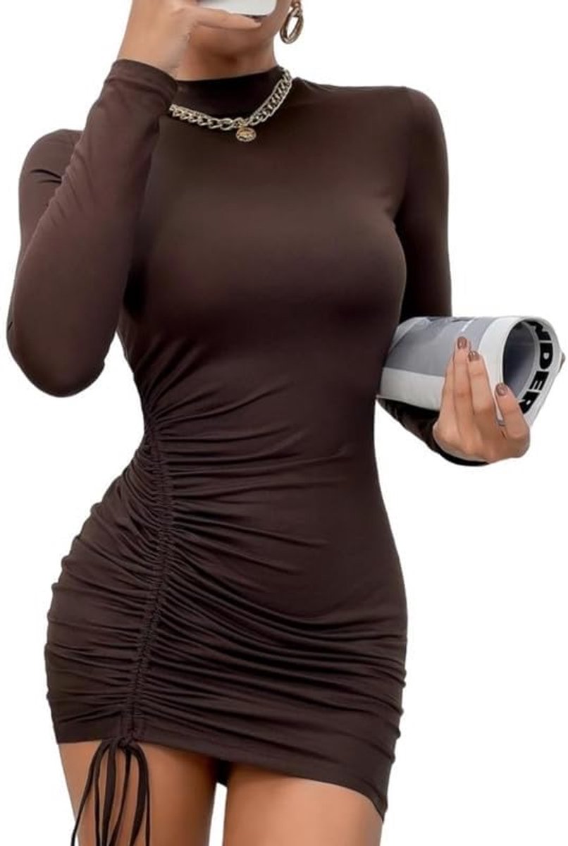 jurk voor dames, opstaande kraag, bodycon, mini-jurk, lange mouwen, herfstjurk, sexy partyjurk met trekkoord, nauwsluitende stretch, vrijetijdsjurk met trekkoord, modieuze