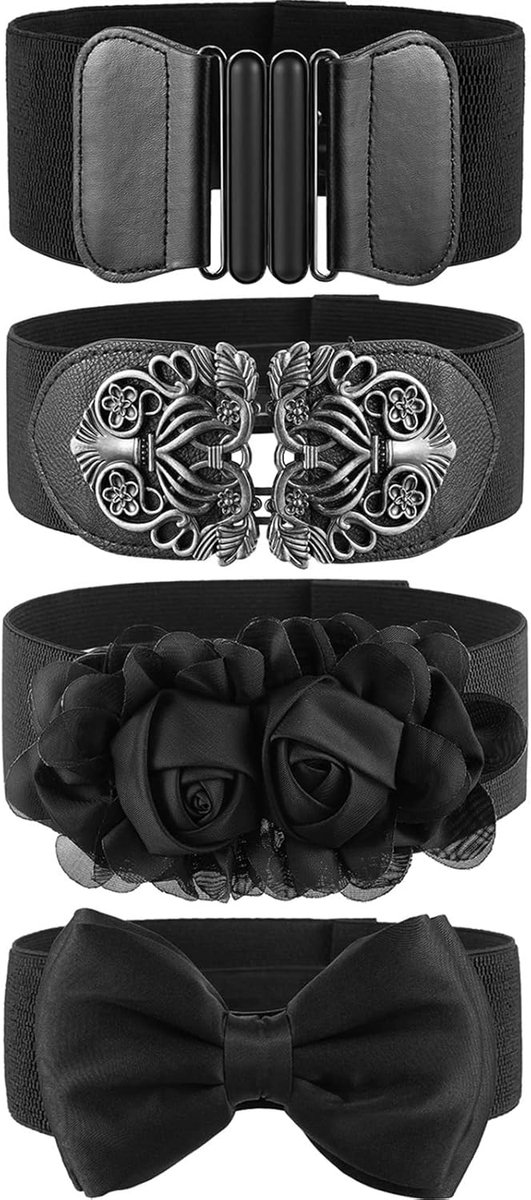 4 Stuks Vrouwen Vintage Brede Taille Riem Zwarte Riem Voor Jurk Elastische Stretch Retro Tailleband Voor Jeans Broek, Rustieke stijl, Waist belt length: vary from 65-67 cm