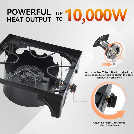 Hockerkooktoestel, gas, 10 kW, met afneembare voeten, campingkooktoestel, inclusief 1,5 m slang en 50 mbar drukregelaar, 4-potige gaskoker voor camping en outdoor — afbeelding 3