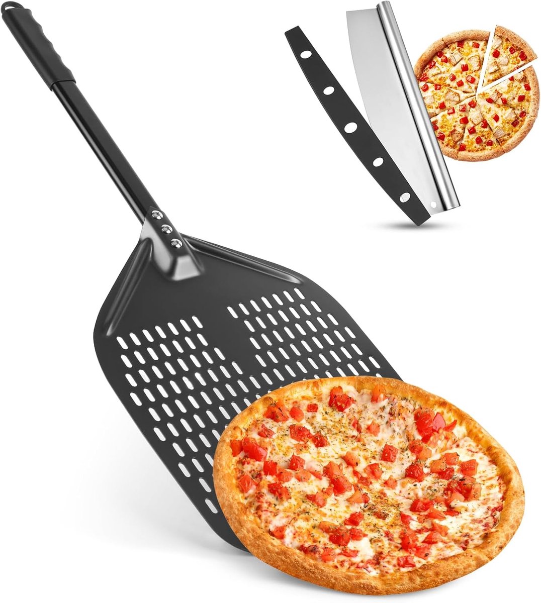 pizzaschep, lange handgreep, geperforeerde pizzaschep gemaakt van hard geanodiseerd aluminium, maakt pizza deeggliding gemakkelijker - grillaccessoire cadeau [breedte: 30 cm/lengte
