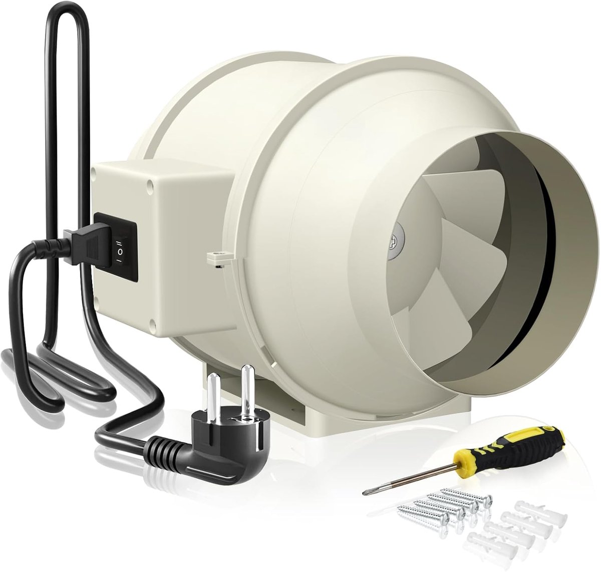Rookafzuiging, buisventilator, 125 mm, inline-kanaalventilator, afvoerventilator, 230 V, stil, met IEC-stopcontact, EU-stekker + 1,5 m EU-netsnoer voor badkamer, kantoor, groeiruimtes