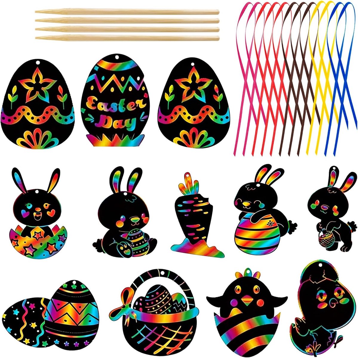 12 Stuks Pasen Scratch Art Papier Eieren Set, Regenboog Kraspapier Knutselset voor Kinderen, Paasdecoratie & Uitdeelcadeautjes (Stijl 1)