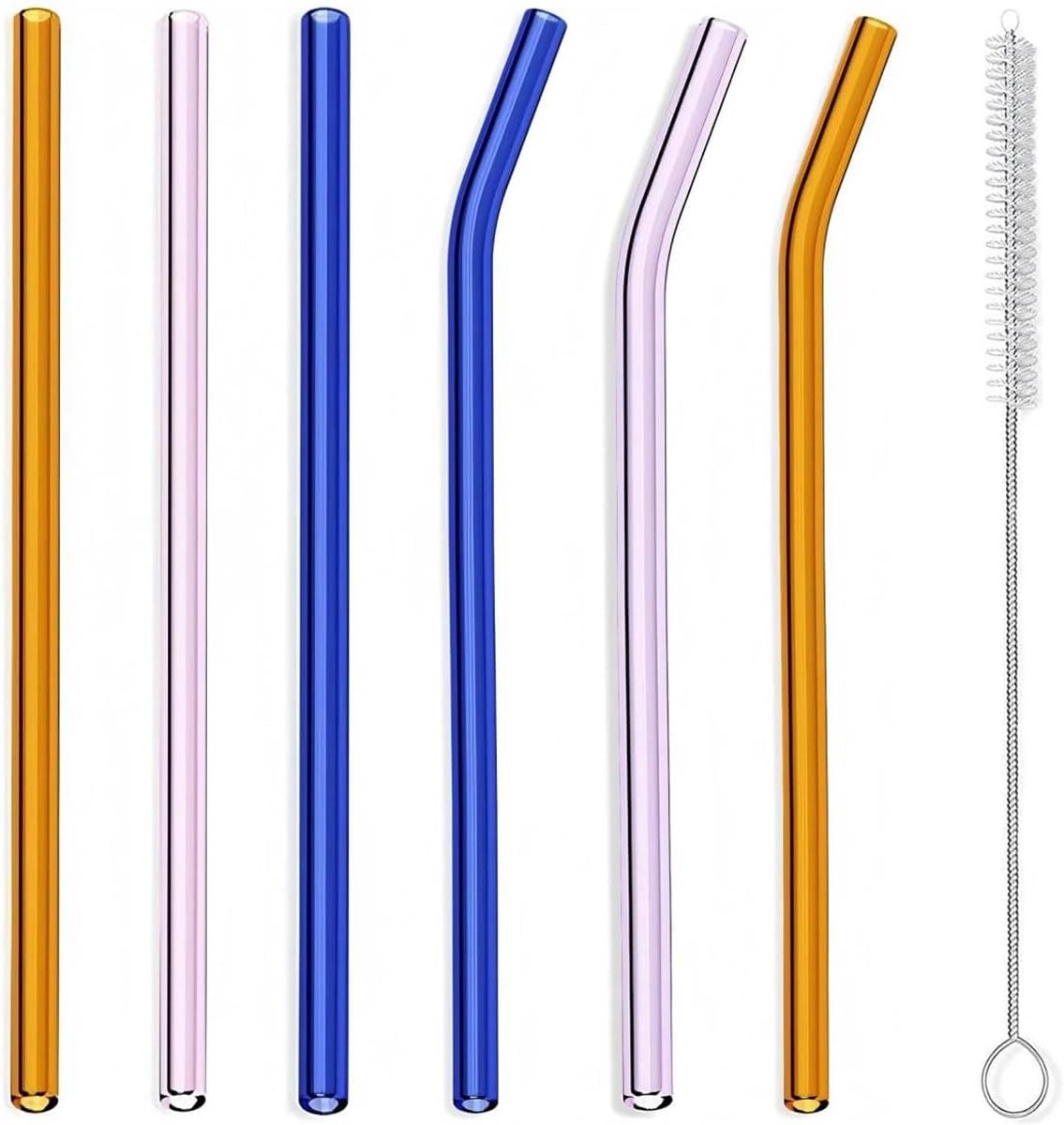 Herbruikbaar gebogen glas drinkrietjes, 8 in x 8 mm Set van 6 met 2 reinigingsborstels voor ijs/sappen, Multi Color - Oranje, Roze, Blauw