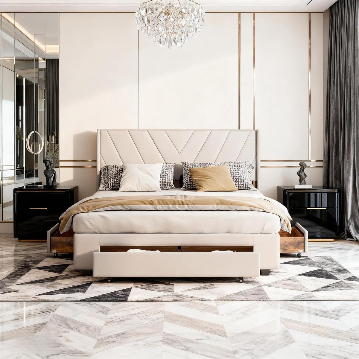 Bedframe met lades - Tweepersoons bed - Slaapkamer opruimen - Ruimtebesparend ontwerp - 160 x 200 cm - Beige