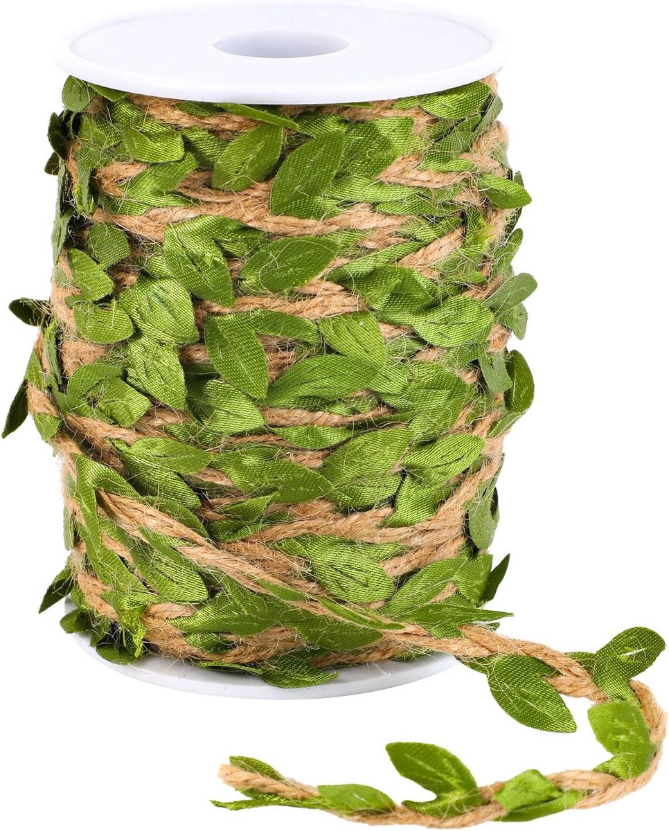 Jutetouw met Groene Bladeren, 30m Rustiek Jutetouw Decoratief Tuintouw voor Knutselwerk Cadeauverpakking Bruiloften en Huisdecoratie