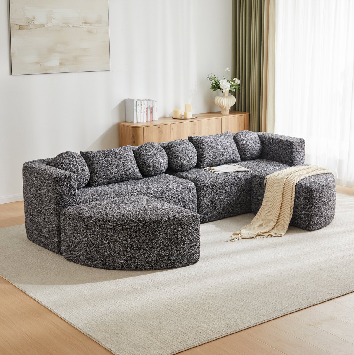 MEUNIQ modulaire slaapbank 292 x 165 x 68 cm, chenille, zonder montage, slaapfunctie, zwart, voor woonkamer en slaapkamer