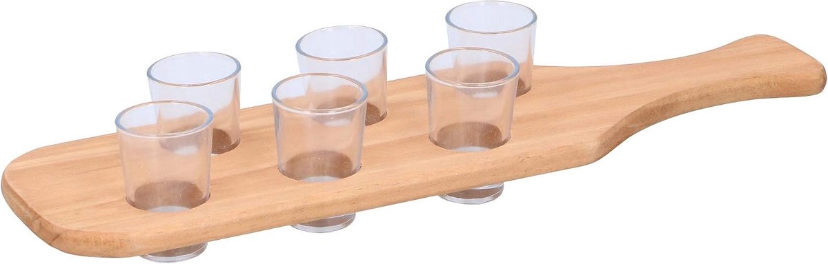 Drink board met 6 shotglazen - hout en glas - 40x11x2cm - perfect voor feestjes - ShopVlot