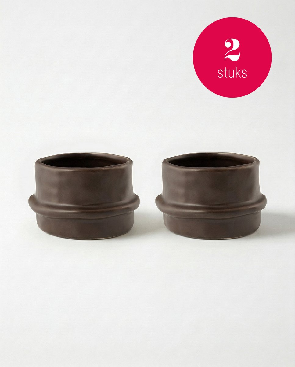 vtwonen - Waxinelichthouders Straight - Donkerbruin - Keramiek - Set van 2 - 8,5 x 5,5 cm