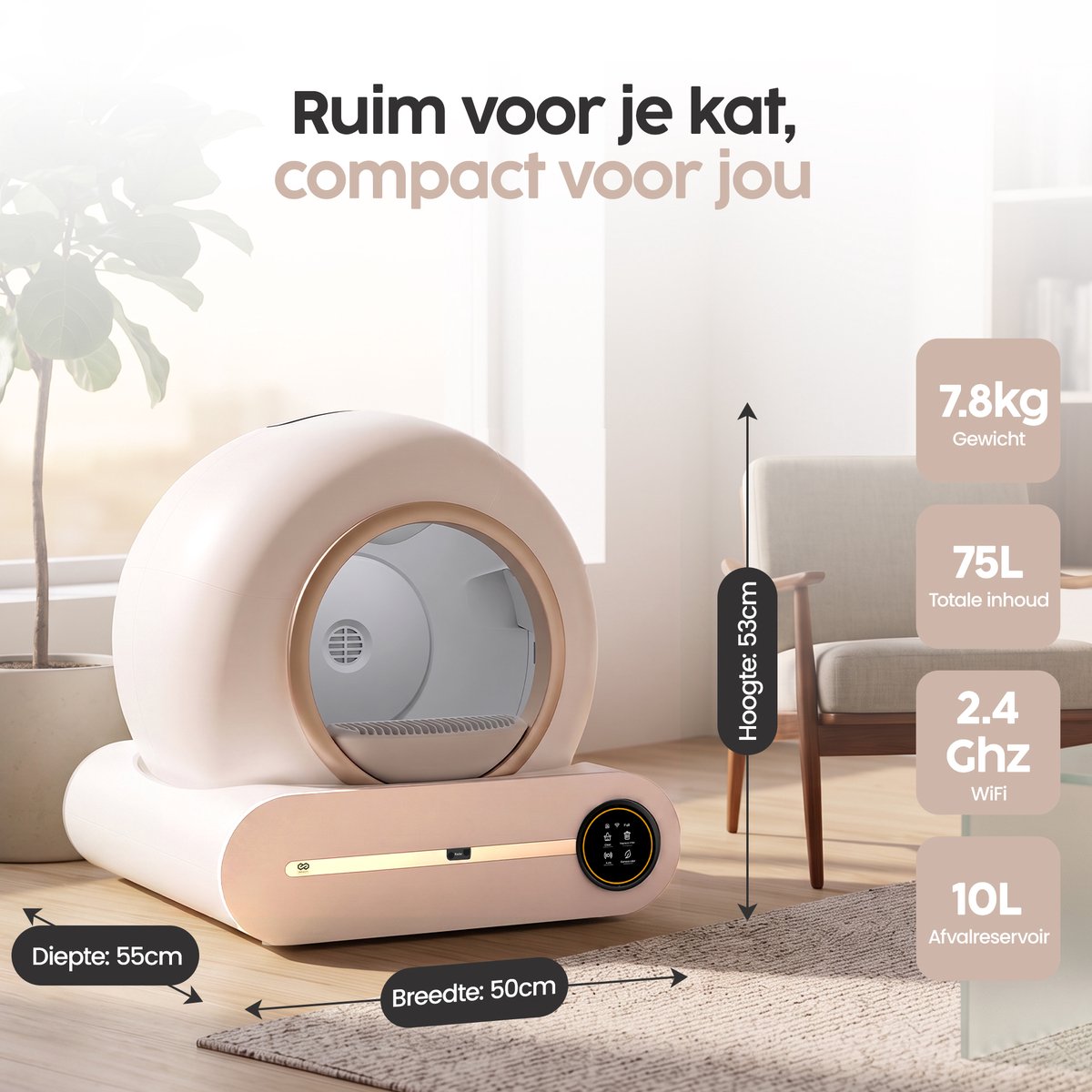 Infinity Goods Automatische Kattenbak XXL - Zelfreinigende Kattenbak - Incl. App - 75L - Met Kattenbakmat en 3 Rollen Opbergzakjes - Wit/Roségoud thumbnail 4