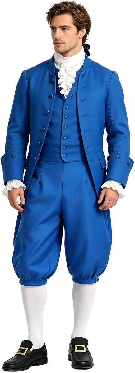 Kostuum voor heren, middeleeuws piratenkostuum, cosplay-kostuum, renaissancekostuum, broek met kniehoge witte sokken en gouden schoengesp)
