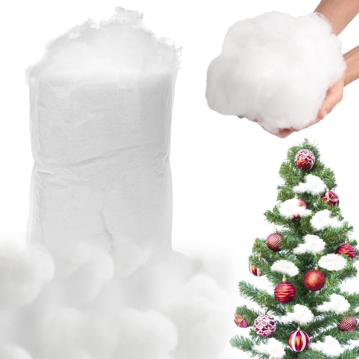 Kunstsneeuwdecoratie, 200 g kunstsneeuwwatten, decoratie, kunstsneeuwdeken, kerstdecoratie, sneeuw, wit, wollig, vulwatten, knutselwatten, kussenvulmateriaal, stopwatten voor knuffeldieren