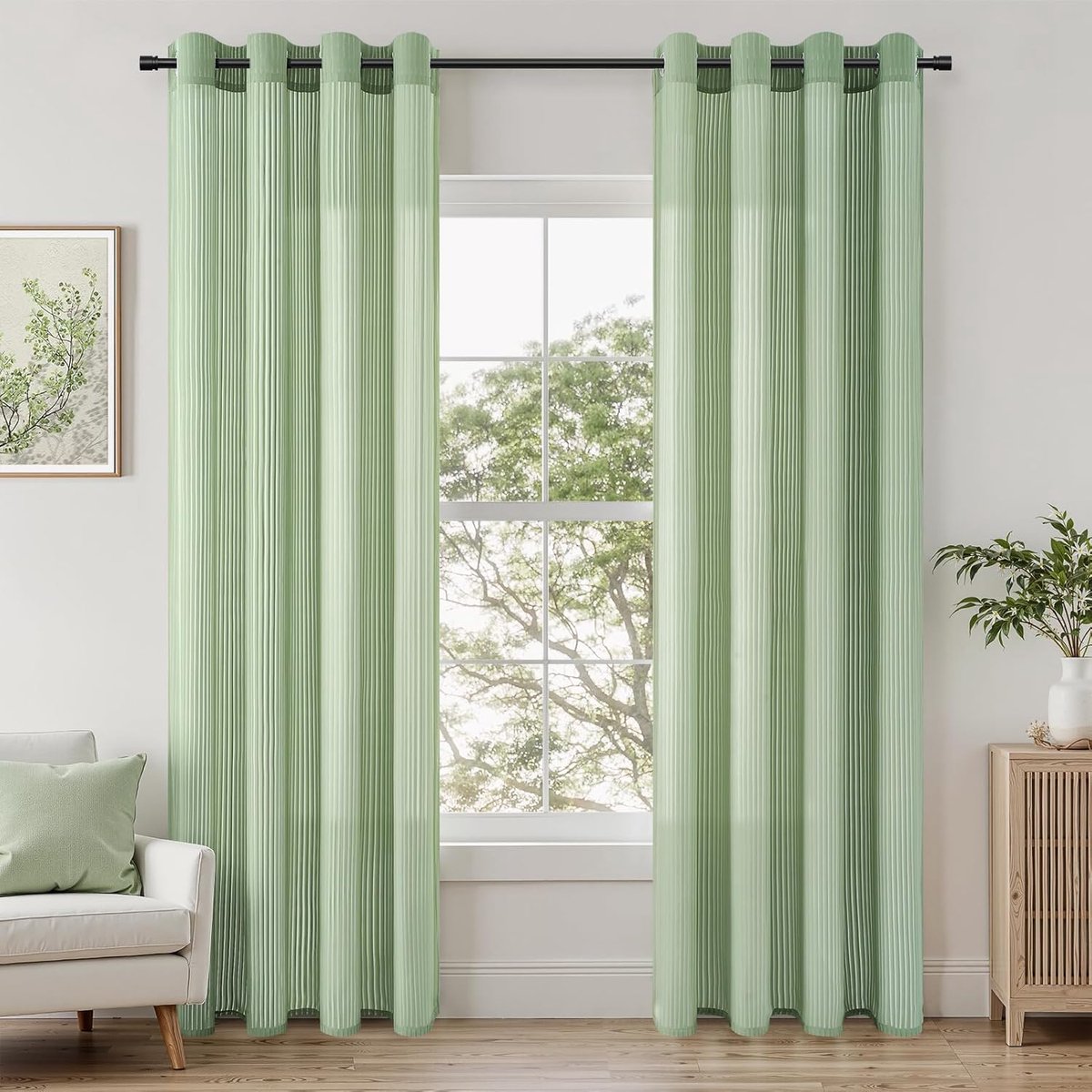 Voile slaapkamer gordijnen set van 2 met ingestanste ringen, gordijn met verticaal strepenpatroon, transparante vitrage, woonkamer, modern, 140 x 240 cm, saliegroen