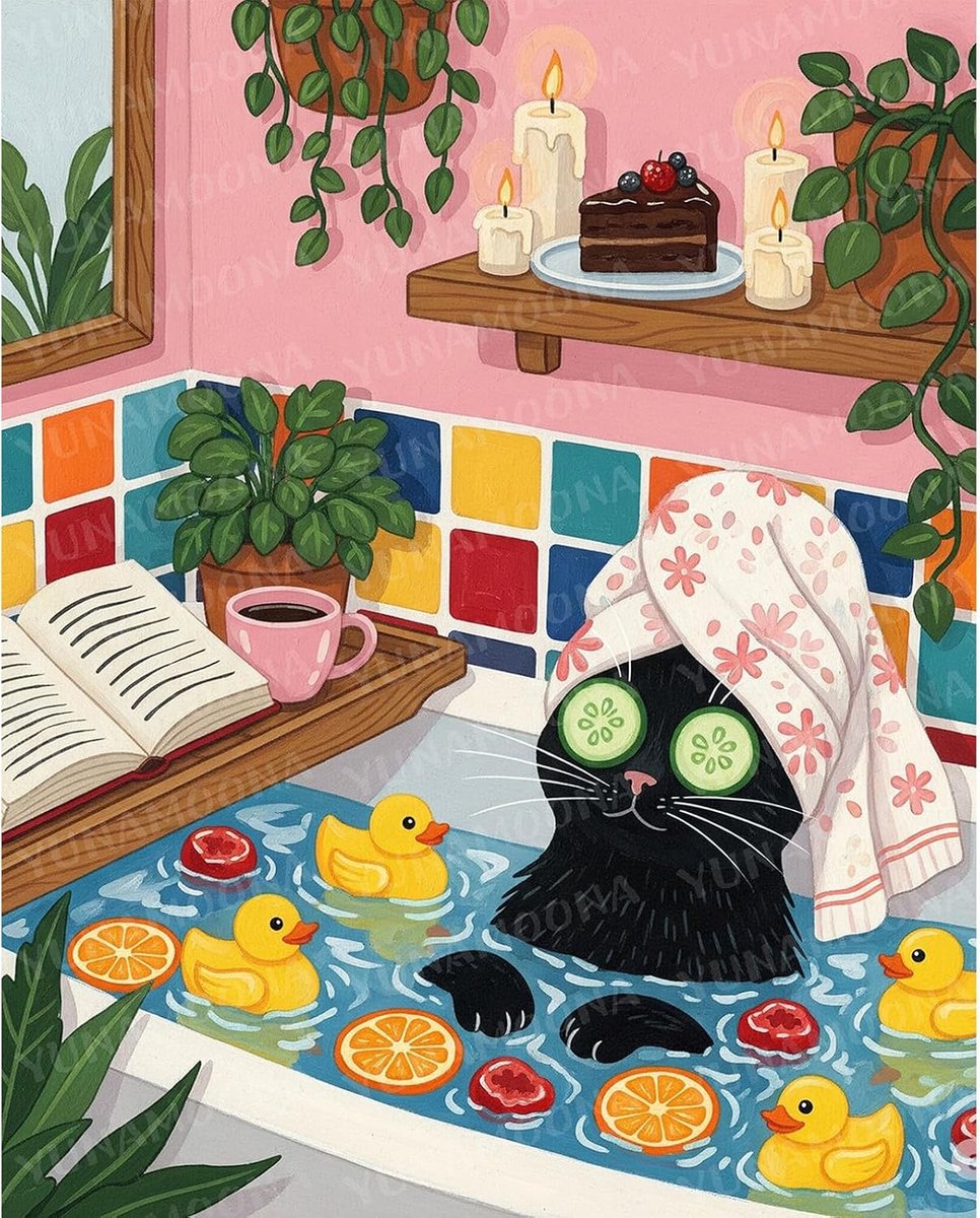 SnelShoppen - Schilderen op Nummer voor Volwassenen - RICUVED Kat Bath - 40x50 cm Canvas met 3 Penselen, Acrylverf en Metalen Haakjes, Ideaal voor Beg