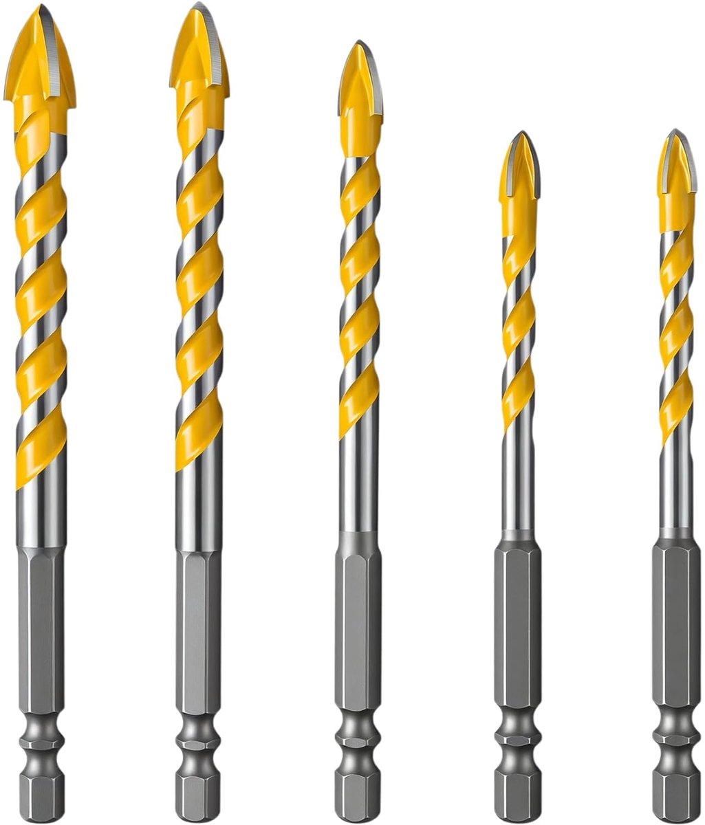 Set van 5 excentrische punten, getand, met vier snijden, excentrische boren van hardmetaal, voor beton, tegels, glas, baksteen, keramiek, hout (6/6/8/10/12 mm)