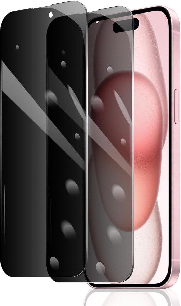 2 stuks privacybeschermingsfolie voor iPhone 15/15 Pro/16, anti-spy pantserglas, anti-spionage pantserfolie, displaybeschermingsfolie van gehard glas, privacy-veiligheidsglas, anti-krassen
