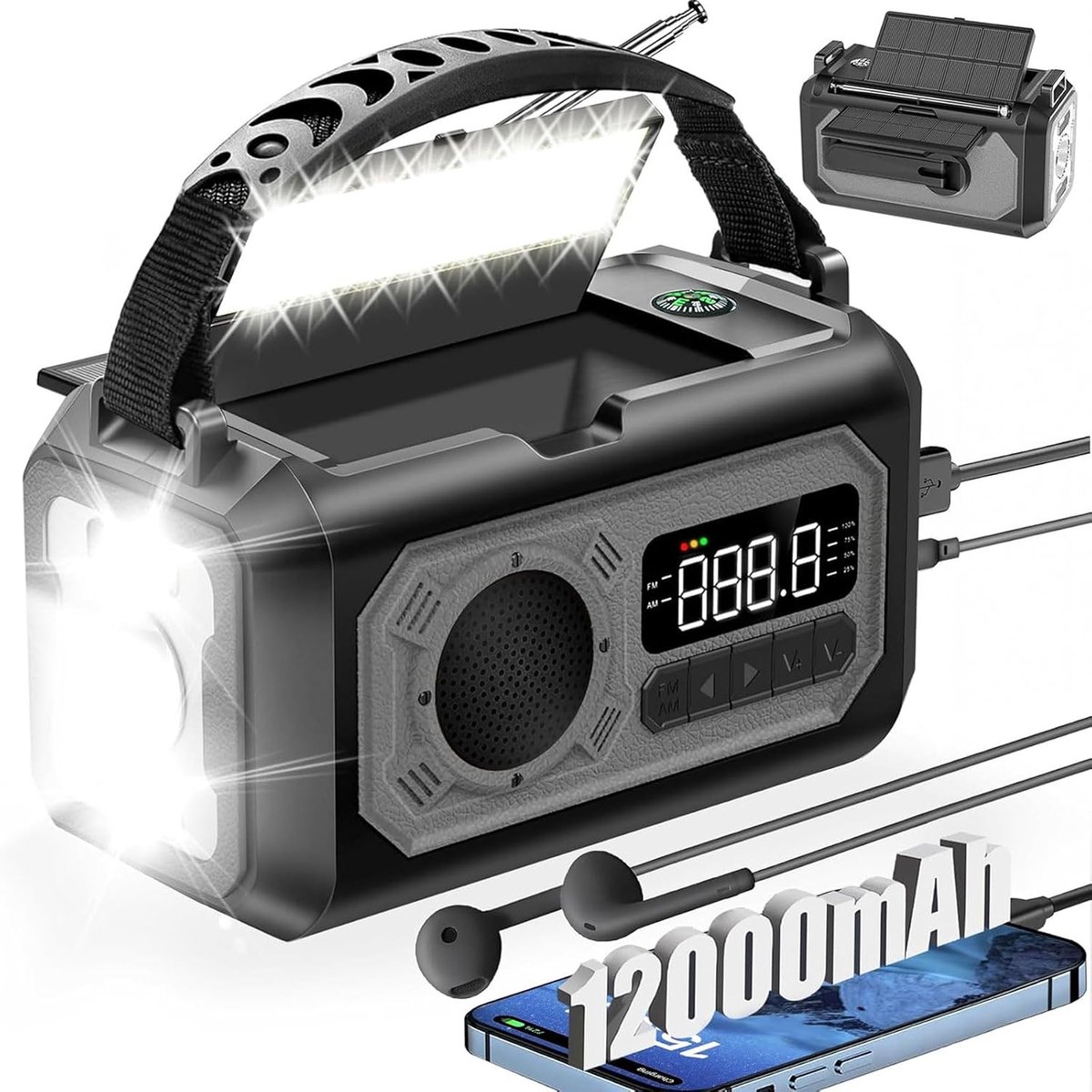 12000mAh Emergency Radio met 2 Zonnepanelen, AM/FM Solar Crank Radio voor Noodgevallen, Zaklamp, Leeslamp, SOS, Kompas voor Hurricane Storm Camping Survival