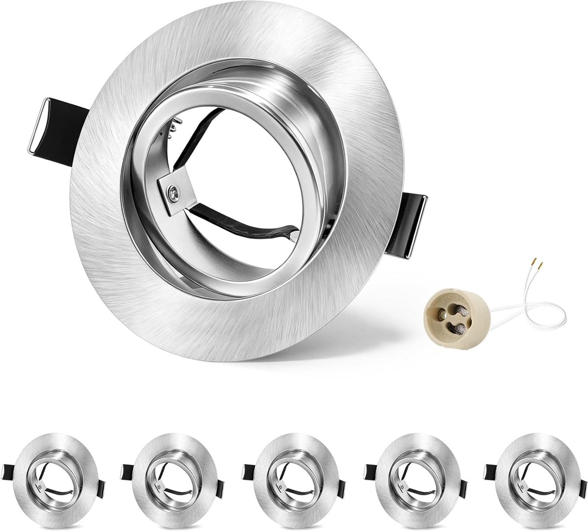 6x GU10 Inbouwspot Frame Nikkel, 45° Kantelbaar Metalen Inbouwframe, Ø84mm Plat, Gatmaat 68-75mm, 230V GU10 Keramische Fitting, Zonder Lamp