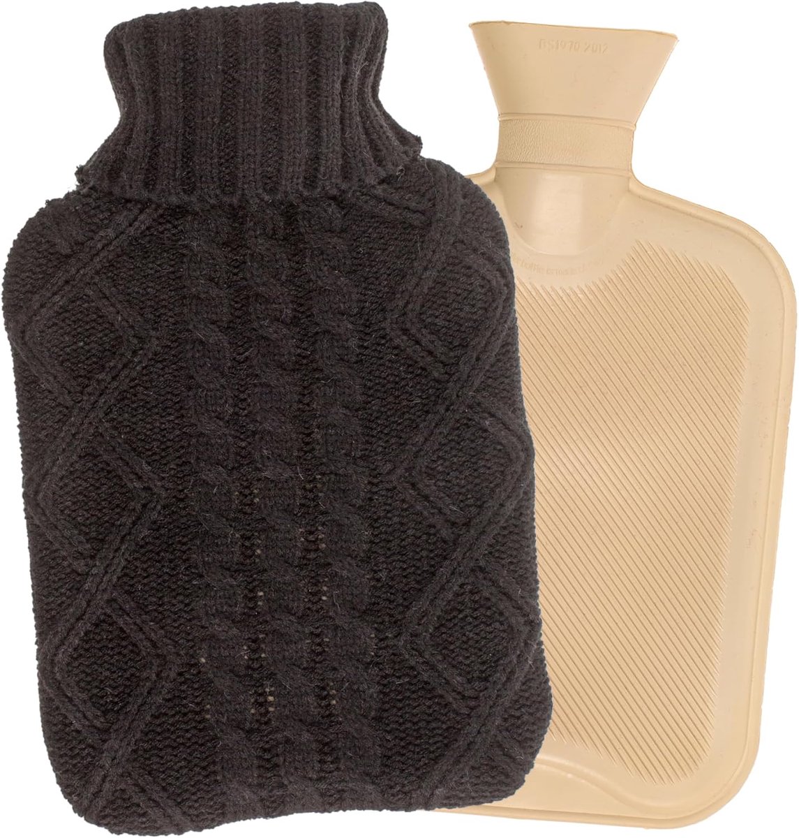 Warmwaterkruik met gebreide overtrek, 1,7 liter, vlechtpatroon, behaaglijke warmtedispenser, herbruikbaar en veilig, voor koude dagen en ontspannen avonden (antraciet)