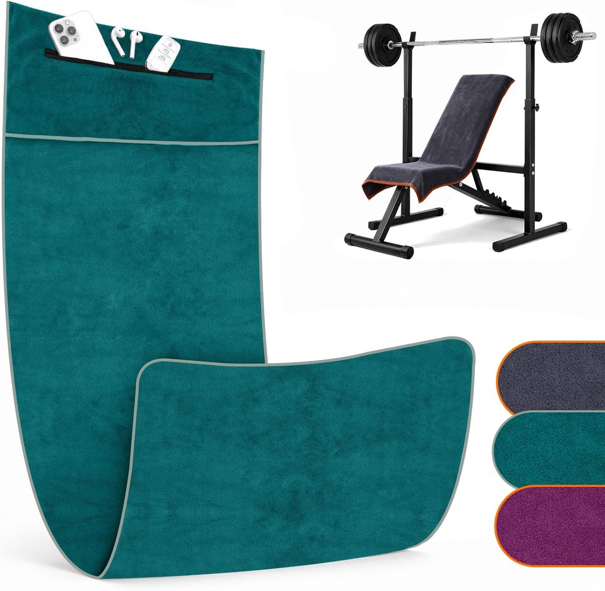 Sporthanddoek, Gym, 120 x 50 cm, Microvezel Handdoek met Ritsvak en Antislip, Sneldrogende Gymaccessoires voor Mannen en Vrouwen, Gewichtssport (Pauw Blauw)