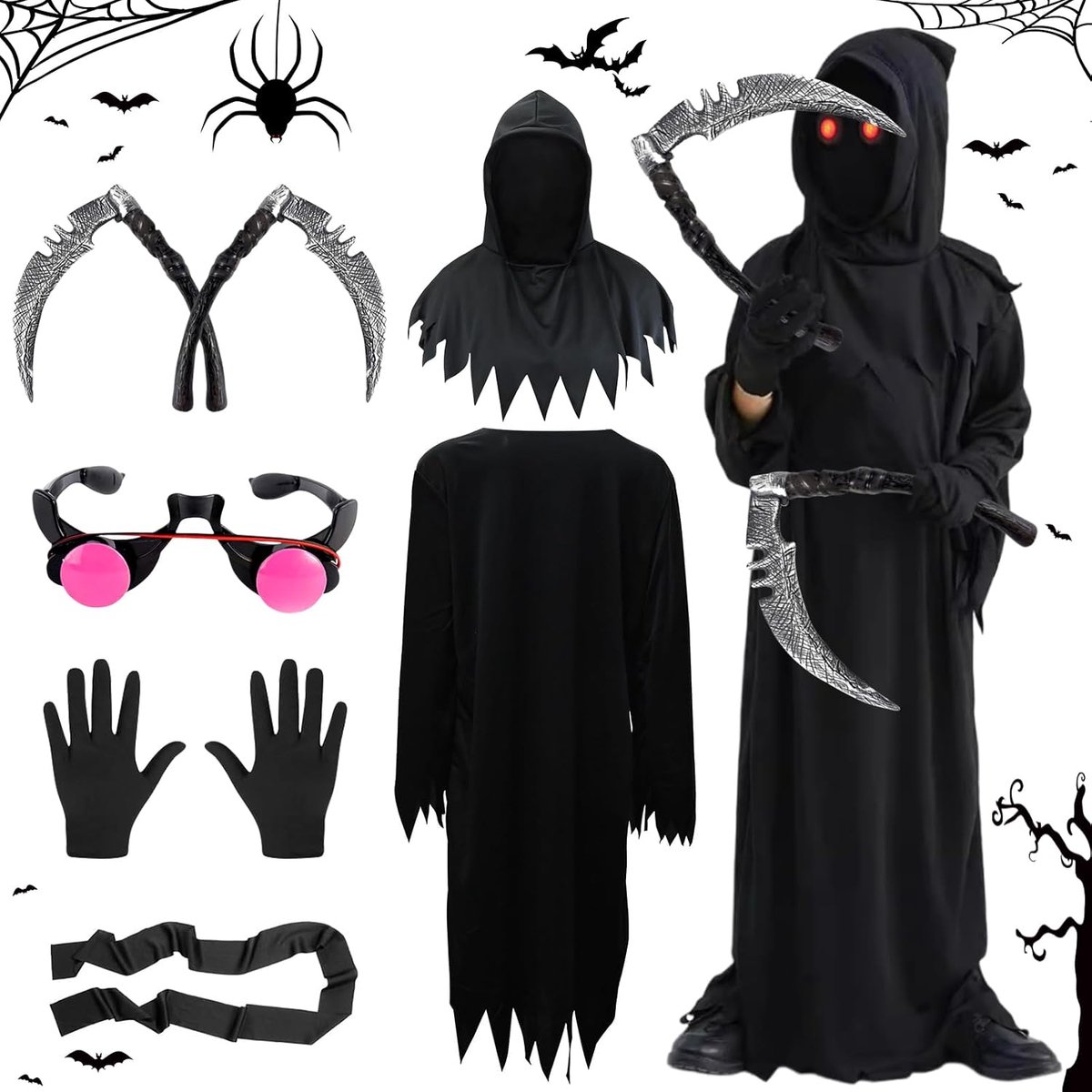 Reaper-kostuum kinderen, Halloween-kostuum voor jongens en meisjes - zwarte griezelige mantel met dubbele zeisen en felrode ogen, Halloween-kostuum kinderset voor griezelige feestjurken (95 cm)