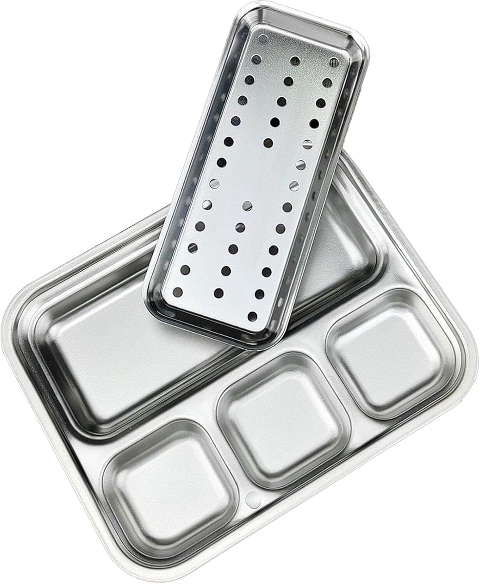 - Formaat 20x16x2,2 Cm, Metalen Sectionele Schaal, Multifunctionele Dipbak | Ketchup Mosterd Wasabi Dumpling Garnalen Salade Dressing Picknick Buiten Avontuur Binnen Dineren Keuken Gadget