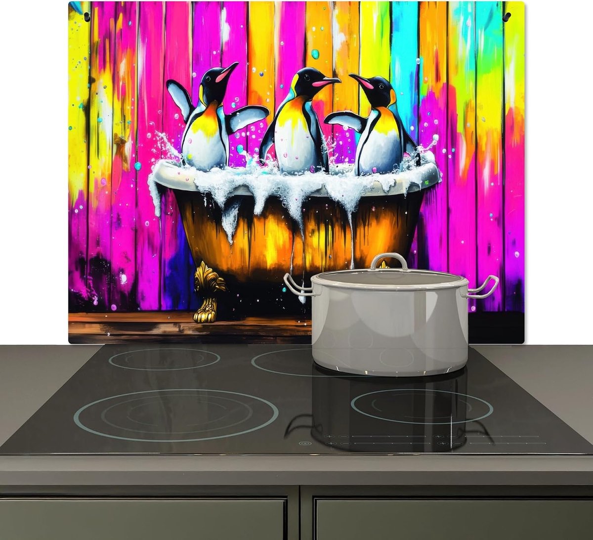 Spatscherm Keuken 52x78 cm Kookplaat Achterwand Beschermer Muur Spatwand Fornuis Aluminium Hittebestendig - Pinguïns - Badkuip - Kleurrijk - Schuim