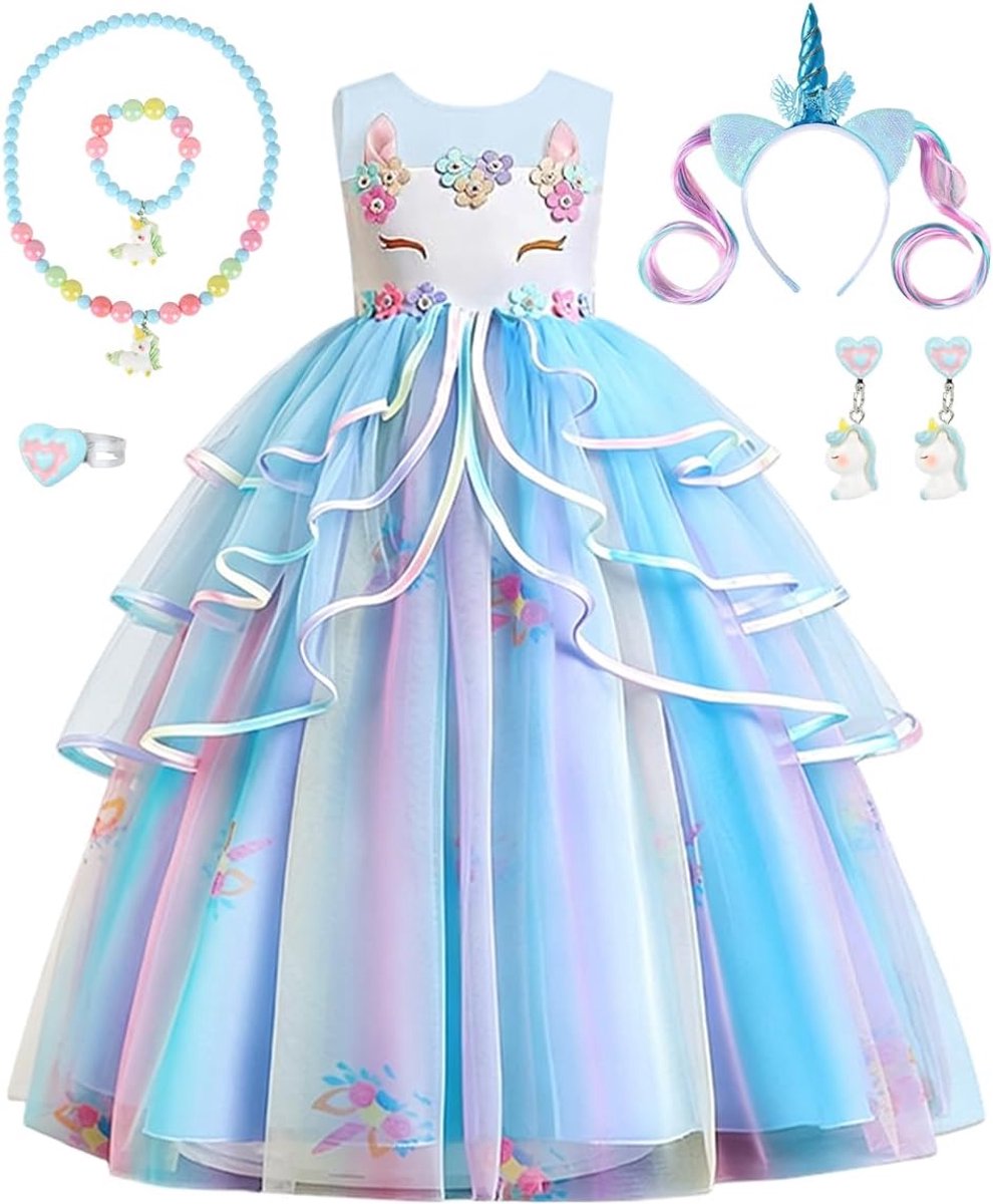 Prinsessenjurk voor meisjes, eenhoornkostuum met halsketting, prinsessenjurk voor baby's, kinderen, eenhoornkostuum, voor verjaardag, feest, bruiloft, Halloween, carnaval, cosplay kostuum