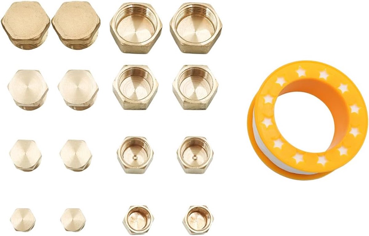16 stuks afsluitdoppen voor wasmachine 1/2 3/8 1/4 1/8 inch, waterbuisstop, zeshoekige messing kap, radiatorafsluitdoppen, binnen- en buitendraad